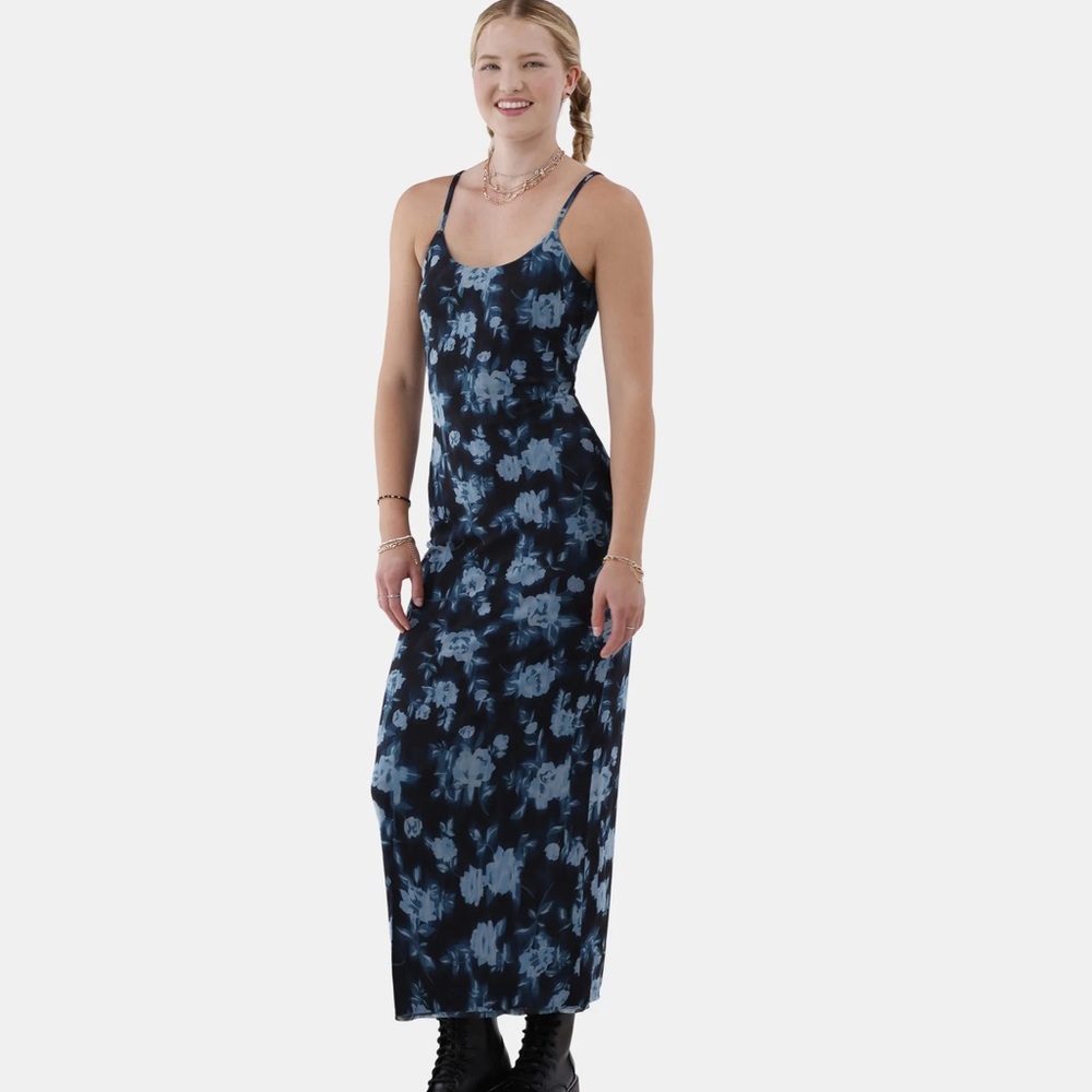 No Boundaries Blue Floral Tie-Dye Spaghetti Strap Maxi Dress